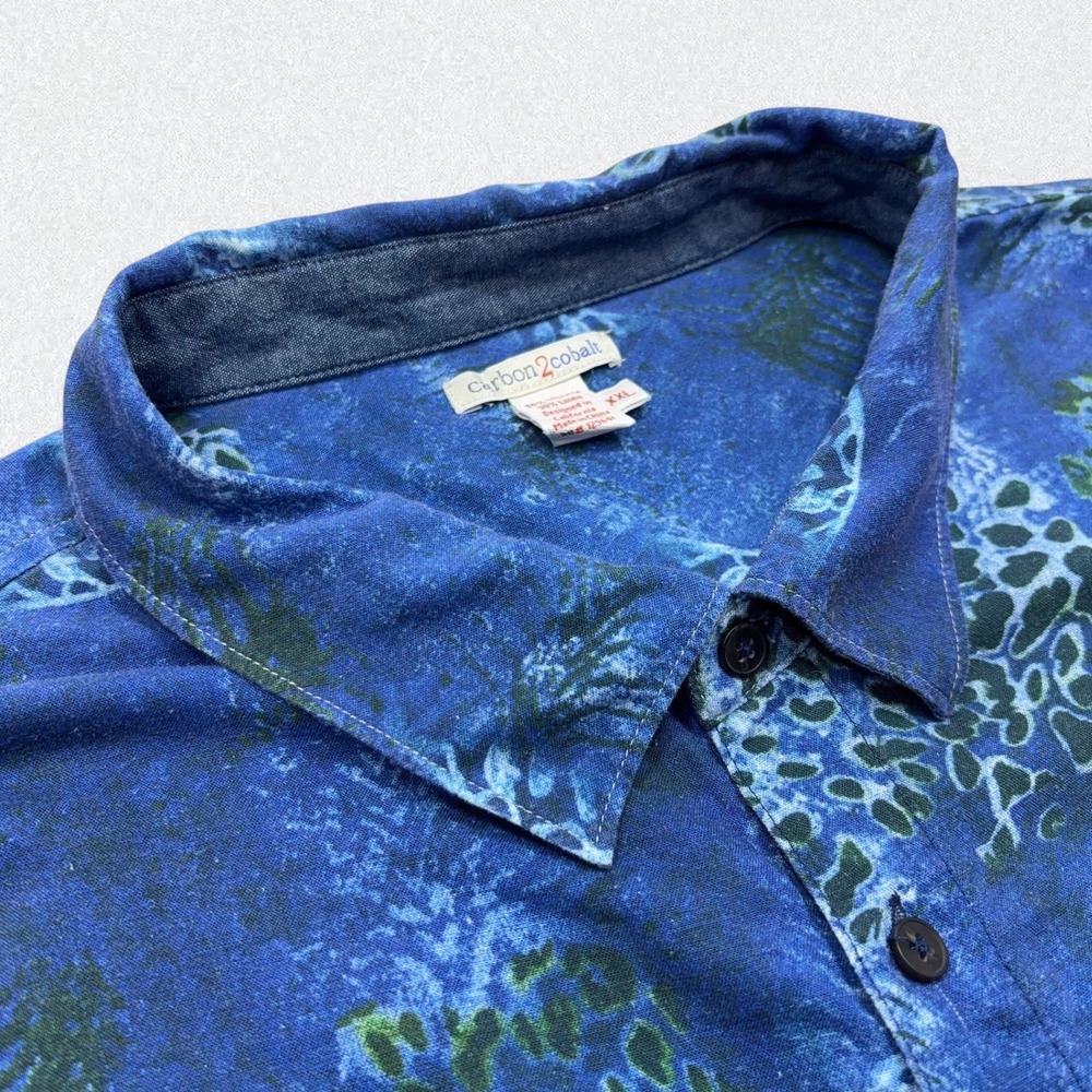 Carbon 2 Cobalt Button Up Shirt Mens XXL Blue Abstract Floral Linen Viscose - Picture 3 of 9